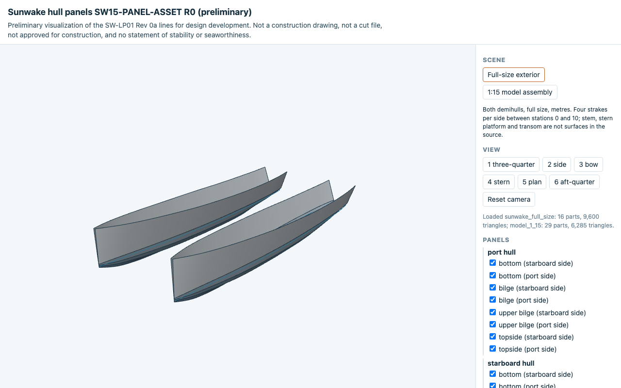 Both Sunwake demihulls rendered from the hull-panel asset, seen from the forward starboard quarter, with seams and waterline drawn