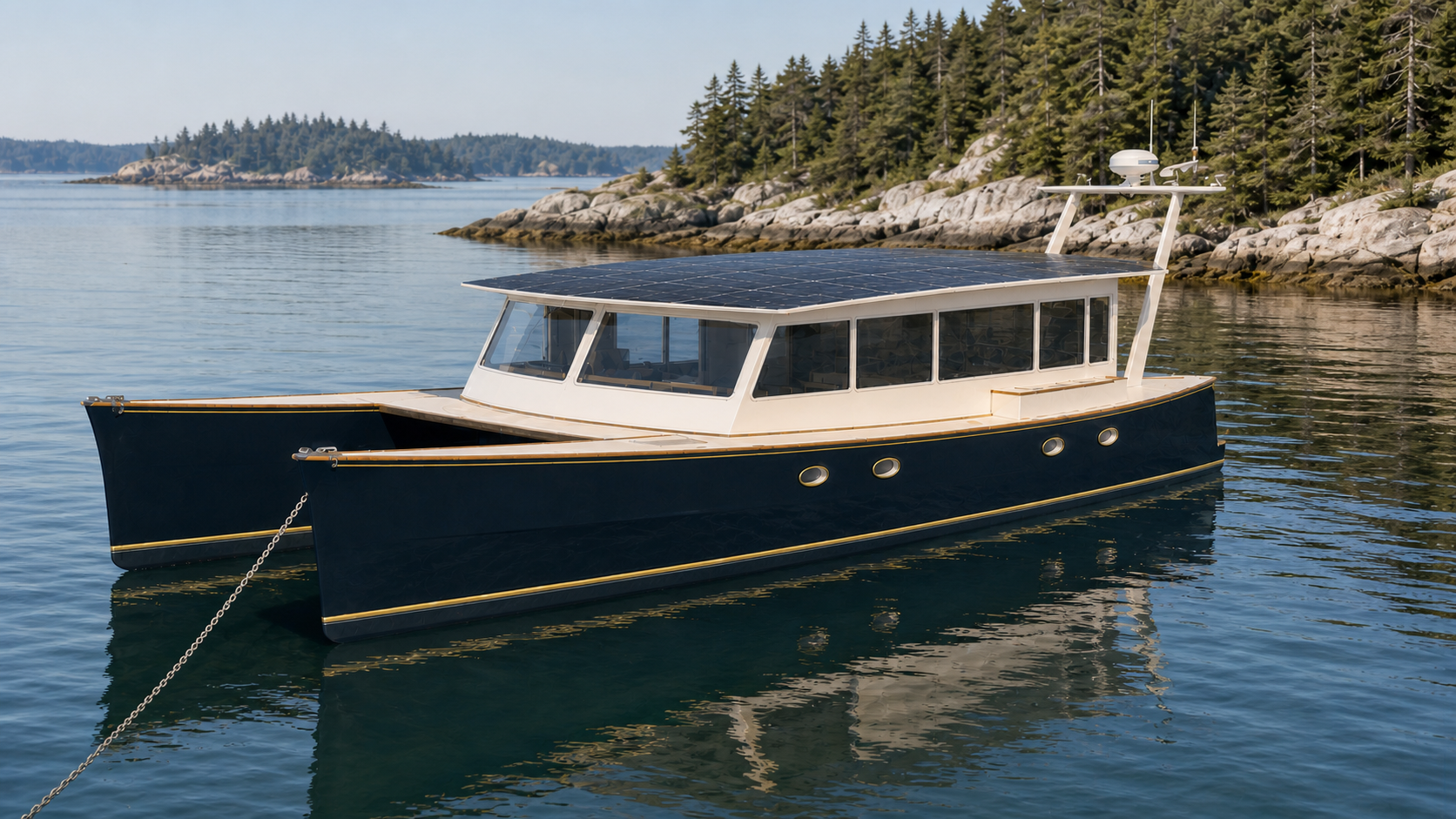 Sunwake SW-15 solar-electric catamaran at anchor in a Maine cove
